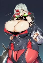 1girls ai_generated bare_shoulders breasts breasts_bigger_than_head child_bearing_hips dark_background diabellstar_the_black_witch earrings facing_viewer fancy_clothing female green_hair grey_eyes grey_hair half_mask hand_on_hip hood huge_breasts leather leather_clothing leggings legwear looking_at_viewer mask massive_breasts mayuai multicolored_hair red_hair red_mask short_hair solo solo_female stockings sword tagme tight_clothing tits_bigger_than_head titts weapon weapon_in_hand white_hair wide_hips wide_thighs yu-gi-oh!