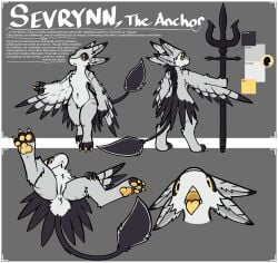 4_ears anthro ass avali avian black_body black_feathers claws color_swatch digital_media_(artwork) disinterested english_text feathered_wings feathers female fur genitals grey_body grey_feathers hi_res holding_object holding_weapon looking_at_viewer melee_weapon model_sheet multi_ear open_mouth pawpads paws polearm sevrynn_the_anchor sharp_teeth simple_background solo spread_legs spreading standing tail teeth text tongue trident trout_(artist) vulva weapon winged_arms wings yellow_claws yellow_eyes yellow_flesh yellow_pawpads yellow_tongue