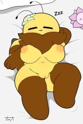 2023 4_fingers :3 absurd_res antennae_(anatomy) anthro areola arthropod arthropod_abdomen artist_name bed bee bee_(tonytoran) big_breasts breasts brown_body bumble_bee_(species) closed_eyes digital_drawing_(artwork) digital_media_(artwork) elbow_glove_marking elemental_creature female female_anthro fingers flora_fauna flower flower_accessory flower_on_head full-length_portrait furniture genitals green_flower green_petals hand_behind_head hi_res hymenopteran insects inverted_nipples multicolored_body navel neck_tuft nipples nub_feet nude nude_anthro nude_female on_bed open_mouth orange_areola orange_nipples pillow pink_flower pink_petals plant plushie portrait pose round_head shortstack shortstack_female signature sleeping slightly_chubby slightly_chubby_anthro slightly_chubby_female solo sound_effects stinger text thick_thighs thigh_highs_(marking) tonytoran tuft two_tone_body vowelless vowelless_sound_effect vulva yellow_body zzz
