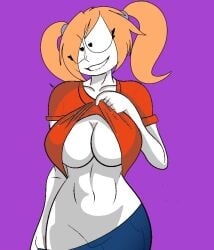 1girls big_breasts bite biting_lip black_eyes breasts chloe_smith_(oc) curvy curvy_body curvy_female curvy_figure female female_focus female_only heart heart_eyes heart_symbol light-skinned_female light_skin lips oc orange_hair original_character pants pants_down purple_background shirt shirt_lift smile smiling white_body white_skin