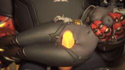 3d animated ashe_(overwatch) balls big_penis bob_(overwatch) breasts dzooworks glowing_genitalia glowing_penis grey_skin held_up male_holding_female overwatch overwatch_2 partially_clothed pussy shaved_pussy thick_thighs thigh_sex thighs