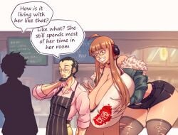 1girls 2boys amazon ass big_ass big_breasts boots breasts cleavage color curvaceous curvy curvy_figure english_text female giantess glasses green_jacket huge_breasts jacket large_ass large_breasts long_hair male massive_breasts mini_giantess n647 nipple_bulge orange_hair persona persona_5 ren_amamiya sakura_futaba shorter_male size_difference sojiro_sakura speech_bubble taller_female text thick_thighs thighhighs thighs thin_waist wide_hips