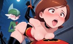 1boy 1boy1girl ai_generated ass black_gloves bodysuit boots breasts brown_eyes brown_hair crossover disney doggy_style eastern_and_western_character elastigirl female female_human/male_pokemon gallade gloves half-closed_eyes helen_parr medium_breasts nintendo pixar pokemon pokephilia sex short_hair superhero superheroine the_incredibles the_incredibles_2 thighhighs tied_up
