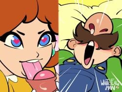 1boy 1girls 2d 2d_(artwork) 2d_animation animated blowjob blue_eyes blue_overalls brown_hair clothing duo erection facial_hair female foreskin foreskin_play genitals green_hat green_shirt hat heart-shaped_pupils light-skinned_female light-skinned_male looking_at_another luigi male male/female mario_(series) mature mature_female mature_male nintendo open_mouth overalls penis princess princess_daisy royalty scream sex shirt sound straight straight_sex tagme tongue tongue_out upper_body video whiteflagman