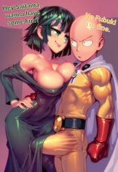 1boy 1girls abs ai_generated bare_shoulders big_breasts big_bulge big_penis blush bulge color english_text female fubuki_(one-punch_man) gigiti green_eyes green_hair hi_res large_breasts light-skinned_female light_skin male male/female massive_penis muscles muscular muscular_male one-punch_man pants_bulge saitama short_hair superheroine text thick_thighs trogiai
