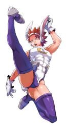 1boy abs absurdres animal_ears ass bad_id bad_twitter_id bare_shoulders boku_no_hero_academia bulge cosplay crescent_print crossdressing crossdressing_(mtf) eijirou_kirishima full_body fur_collar gloves highres kirishima_eijiro large_pectorals leg_up leotard light-skinned_male looking_at_viewer male male_focus male_only mirko_(cosplay) miruko_(cosplay) muscular muscular_male my_hero_academia open_mouth pectorals purple_thighhighs rabbit_ears rabbit_tail red_hair sato_unta sharp_teeth short_hair simple_background sleeveless sleeveless_turtleneck solo spiked_hair superhero_costume tail taut_leotard teeth thick_thighs thighhighs thighs tongue turtleneck turtleneck_leotard veins veiny_arms white_background white_gloves white_leotard
