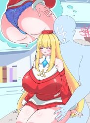 1girls alternate_breast_size ass big_breasts blonde_hair blue_panties blush blush_lines breasts breasts_bigger_than_head cardinal_armand closed_eyes eyebrows eyebrows_visible_through_hair eyelashes female gigantic_breasts huge_breasts large_breasts last_origin long_hair massive_breasts nymph_0010 panties sitting_on_lap sitting_on_person thick_thighs thighs thought_bubble