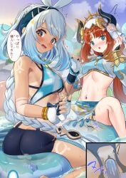 2girls aqua_eyes ass bar_censor bare_shoulders blue_nails blush braid breasts censored commentary_request crop_top fake_horns fingerless_gloves genshin_impact gloves gold_trim highres horns hydro_slime_(genshin_impact) long_hair looking_at_viewer medium_breasts mualani_(genshin_impact) multicolored_nails multiple_girls nail_polish navel nilou_(genshin_impact) open_mouth outdoors paid_reward_available red_eyes red_hair sitting slime_(genshin_impact) spread_legs stomach symbol-shaped_pupils tsuseki vaginal_penetration veil very_long_hair wariza white_hair white_veil yellow_nails