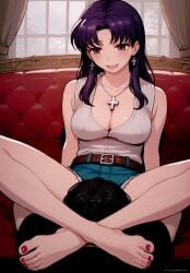 1boy ai_generated artist_name barefoot belt between_legs blush breasts cleavage couch covered_nipples cross cross_necklace feet female jewelry katsuragi_misato ko-fi_username long_hair nail_polish necklace neon_genesis_evangelion on_couch purple_hair sitting smile straight toes twitter_username watashinogovno window