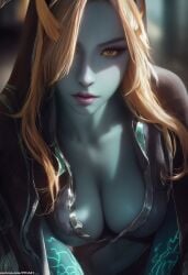 1girls ai_generated blue-skinned_female blue_body blue_skin blurry_background cleavage clothed clothed_female clothes clothing deep_cleavage eyelashes eyeshadow facing_viewer fantasy female female_focus female_only focus front_view glowing_tattoo hair_over_one_eye hood long_hair looking_at_viewer medium_breasts midna midna_(true_form) nai_diffusion nintendo novelai orange_hair patreon_url photorealistic pujopg purple_lips realistic red_eyes revealing_clothes seductive seductive_look sexy sexy_female solo solo_female solo_focus tattoo tattooed_arm the_legend_of_zelda the_legend_of_zelda:_twilight_princess twili_midna upper_body yellow_sclera