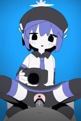 1boy 1girls animated bar_censor bare_shoulders beret black_eyes black_hat black_skirt black_thighhighs blue_background camera censored clothed_sex collared_shirt commentary cowgirl_position defoko detached_sleeves digital_camera expressionless hat headphones highres holding holding_camera mv_character navel necktie no_sound open_mouth penis pov purple_hair purple_necktie purple_trim pussy sex shirt short_hair skirt sound_edit_request sparkle straddling straight tagme thighhighs toumei_tou ugoira urami_koushin_(utau) utane_uta utau video white_shirt