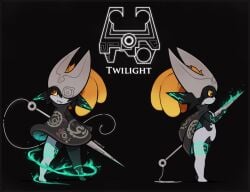 1girls black_background black_cloak black_skin cloak colored_sclera colored_skin commentary english_commentary female female_only green_skin holding holding_weapon hollow_knight hollow_knight:_silksong long_hair midna nauskills needle_(hollow_knight) oerba_yun_fang orange_hair profile red_eyes simple_background solo standing weapon yellow_sclera