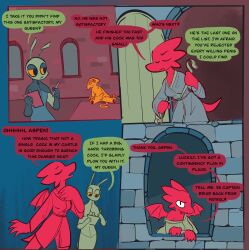 ambiguous_gender anthro arthropod balls clipboard clothing comic dialogue dragon english_text female genitals hi_res looking_out_window male mythological_creature mythological_scalie mythology nude_anthro nude_male penis restricted_palette robe robe_only scalie speech_bubble spiral spiral_eyes stone_wall text tying_clothes unicorn_blood_(comic) unknown_species vanilla_candy wall_(structure) window