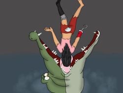 barefoot black_hair boot captain_hook comeuppance embarrassed_underwear_female female_prey foot genderswap_(mtf) hole_in_pants hook hook_hand midriff midriff_baring_shirt mshook panties panties_visible_through_clothing peril peter_pan_(disney) pirate rule_63 single_bare_foot single_shoe single_sock socks tick-tock tick_tock_crocodile torn_pants torn_shirt upside-down villainess vore vore_peril water white_panties