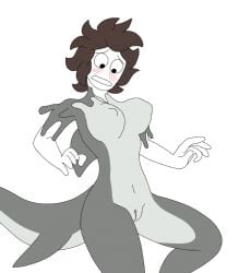 anthro big_breasts black_bottomwear black_clothing black_pants bottomwear breasts brown_hair changed_(video_game) clothing duo female fish forced forced_transformation gender_transformation genitals goo_transformation grey_body hair heart_symbol human latex latex_transformation lin_(changed) male male/female mammal marine mtf_transformation nude pants shark sinful_drawz the_shark_(changed) tiger_shark_(changed) transformation vaginal_penetration white_body