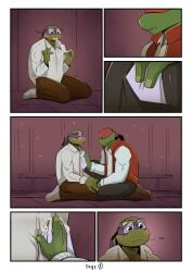 3_fingers absurd_res after_fellatio after_oral after_sex anthro blush bodily_fluids bottomwear brother_(lore) brothers_(lore) clothed clothing comic cum cum_from_mouth cum_in_mouth cum_inside cum_on_hand cum_string digital_media_(artwork) donatello donatello_(tmnt) duo erection eyewear fingers footwear genital_fluids genitals glasses hi_res holding_object incest incest_(lore) jacket leaking_cum male male/male mask mishajeans pants raphael raphael_(tmnt) reptile scalie shell shirt shoes sibling_(lore) simple_background sitting teenage_mutant_ninja_turtles teenage_mutant_ninja_turtles:_mutant_mayhem topwear turtle wearing_glasses wiping wiping_cum