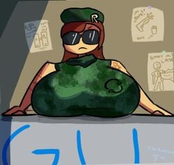 1girls aviator_sunglasses behind_counter beret big_breasts breasts breasts_bigger_than_head breasts_on_table brown_hair cami_(project_remix) clothed clothing eyes_hidden glasses green_clothing hidden_eyes long_hair massive_breasts meme_in_the_background military_uniform paper project_remix roblox roblox_game robloxian self_upload serious serious_face serious_look sleeveless sunglasses therandombee