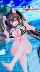 bikini bikini_top brown_hair lewdfoxminppu ponytail_hair red_eyes smirking_at_viewer vrchat vrchat_avatar vrchat_booth vrchat_model