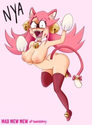 1girls alternate_version_available areolae bells big_ass big_breasts blood_on_face cat_ears cat_tail catgirl completely_nude crazy_eyes full_body hissing mad_mew_mew pink_hair pink_legwear pink_nipples pink_stockings red_eyes slight_blush trans_woman transfem undertale yarrbooty