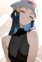 1girls artist_name beanie black_shirt blue_eyes blue_hair choker dawn_(pokemon) female female_only hat looking_at_viewer nintendo otokakoto pokemon pokemon_dppt sleeveless sleeveless_shirt small_breasts smug solo solo_female solo_focus white_beanie white_hat