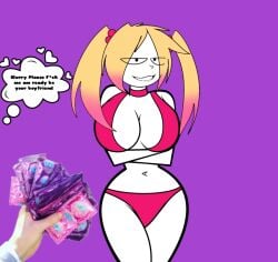 1boy 1girls big_breasts bite biting_lip black_eyes blurry_(oc) breasts chloe_smith_(oc) choker condom female female_focus female_only heart heart-shaped_pupils heart_eyes heart_symbol imminent_penetration imminent_sex imminent_vaginal large_breasts light-skinned_female light_skin looking_at_viewer oc orange_hair original_character pink_choker pov pov_hands pov_male purple_background smile smiling smiling_at_viewer text used_condom used_condoms white_body white_skin