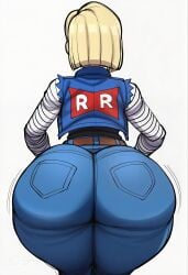 1girls ai_generated android_18 ass back_view big_ass big_butt brasil_louco bubble_ass bubble_butt dragon_ball dragon_ball_super dragon_ball_z female female_only full_body fully_clothed milf shueisha simple_background solo solo_female solo_focus toei_animation white_background