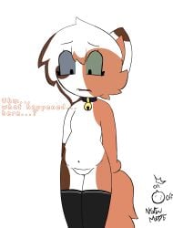 absurd_res anthro bell bell_collar belly brown_body brown_fur clothing collar confusion digital_media_(artwork) felid feline female fur genitals heterochromia hi_res humanoid kit_community koredex legwear mammal multicolored_body multicolored_fur navel nude open_mouth orange_body orange_fur simple_background solo tail text thigh_highs vulva white_body white_fur_tuft