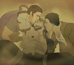 3boys abs beard bulge chest_hair earrings flaccid hand_on_head hoodie hunter_(left_4_dead) kissing left_4_dead male male_only nipple pale_skin pubic_trail remert smoker_(left_4_dead) threesome tongue_out underarm_hair yaoi zombie