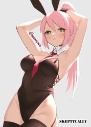 1girls 2d 2d_(artwork) 2d_artwork arm_above_head arm_up armpit armpit_crease armpit_peek armpits arms_above_head arms_up belly belly_button black_bunny_ears black_bunnysuit black_gloves black_hairband black_half_gloves black_legwear black_leotard black_stockings black_thigh_highs black_thighhighs black_topwear breasts bunny_ears bunnygirl bunnygirl_outfit bunnysuit collar collarbone digital digital_art digital_drawing digital_drawing_(artwork) digital_media digital_media_(artwork) elbows eyebrows_visible_through_hair female female_focus female_only fingers gloves green-eyed_female green_eyes groin hair_between_eyes hairless_armpits half_gloves hand_above_head hand_up hands_above_head hands_up head_tilt high_resolution highres inguinal_crease inguinal_ligament large_breasts lean_figure legwear leotard long_hair looking_at_viewer looking_down looking_down_at_viewer midriff narrow_waist navel oc original original_art original_artwork original_character pink-haired_female pink_hair pink_hair_female presenting_armpit shaved_armpits shoulders simple_background skeptycally slender_body slender_waist slim_waist solo standing stockings thigh_highs thighhighs thighs tilted_head topwear tying_hair upper_body white_collar