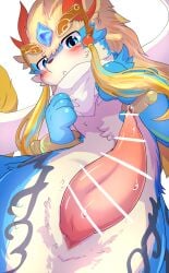 animal_genitalia bandai_namco blue_body blue_eyes blush bodily_fluids bracelet censor_bar digital_media_(artwork) dragon erection feral forehead_gem fur gem genital_fluids genital_slit genitals hair hi_res horn hybrid jewelry kemono long_hair looking_at_viewer male mostly_nude mythological_creature mythological_scalie mythology penis popkage precum scalie scarf semi-anthro shaorune simple_background solo tales_of_(series) tales_of_rebirth tapering_penis