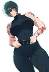 1girls abs bare_shoulders belt black_belt black_pants black_skirt breasts brown_eyes burn_scar facial_scar green-haired_female green_hair highres jujutsu_kaisen large_breasts looking_down maki_zenin muscular muscular_female muscular_thighs pants scar scar_on_face scars shirt short_hair simple_background sleeveless solo solo_female spoiledmuffin thighs tomboy white_background zenin_maki