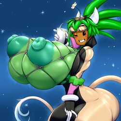 alien alien_girl anthro areolae ber00 big_breasts blaster_master blaster_master_zero blaster_master_zero_2 breasts female female_only flower green_skin hair huge_breasts hyper hyper_breasts inti_creates kanna_(blaster_master) large_breasts milk mob_face nipples one_eye_closed plantie solo unzipped_bodysuit video_games watermelon_bra watermelon_nets