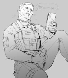 bara beard_stubble blonde-haired_male blonde_hair blush call_of_duty call_of_duty_modern_warfare_2_(2022) caucasian caucasian_male cock cum dialogue ejaculation erection facial_hair hand_on_penis holding_phone male male_only masturbation military military_uniform open_mouth penis phillip_graves scar_on_cheek solo solo_male speech_bubble stroking_penis