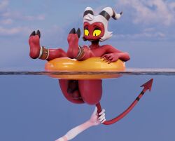 3_toes 3d_(artwork) absurd_res anklet anthro ass balls big_butt brinsar demon demon_humanoid digital_media_(artwork) disembodied_hand duo feet female femboy fingers flaccid freckled_face freckles genitals glans grabbing hair hellaverse helluva_boss hi_res hooves horn humanoid humanoid_genitalia humanoid_penis imp in_swim_ring inflatable inner_tube jewelry male male_humanoid moxxie_(helluva_boss) nude outside penis pink_body pool_toy red_body red_genitals red_penis red_skin sea sharp_teeth smile soles solo_focus spade_tail tail tail_grab teeth thick_thighs toes water white_body white_hair yellow_eyes yellow_sclera