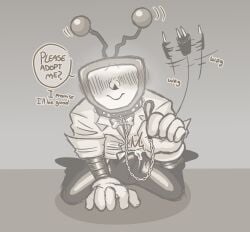 antennae_(anatomy) blush boner boner_in_pants boner_under_clothes collar deltarune deltarune_chapter_3 erection erection_under_clothes erection_under_clothing gloved_hands kneeling leash leash_and_collar letttusse male name_tag object_head on_knees petplay pout precum precum_bubble precum_through_clothing puppyplay robot_humanoid submissive submissive_male tail tailwag tenna_(deltarune) text text_bubble tv_head wagging_tail