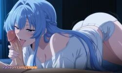 1boy 1girls ai_generated bed bedroom big_breasts blue_eyes breasts cleavage dark_room fellatio goddess_of_victory:_nikke handjob helm_(nikke) holding_penis large_breasts licking licking_penis oral patreon penis saliva seductive seductive_look seductive_smile shirt short_shorts shorts smile tongue uncensored zenaai