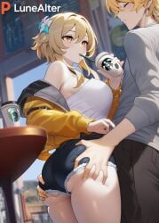 1boy 1girls aether_(genshin_impact) ai_generated alternate_costume ass ass_focus ass_grab big_ass big_breasts big_butt big_thighs blonde_female blonde_hair blonde_male blush brother_and_sister drinking female female_focus genshin_impact hoyoverse incest light-skinned_male light_skin long_hair lumine_(genshin_impact) lunealter male male/female mihoyo pale-skinned_female pale_skin sfw short_hair thick_ass thick_butt thick_legs thick_thighs yellow_eyes