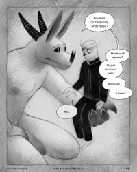 2026 3_fingers 3_toes 4:5 4_fingers absurd_res anthro avian bat bat_nose bird black_sclera border dialogue duo english_text eye_contact eyebrows feet fingers genitals hi_res horn looking_at_another male mammal monochrome nipples owl penis priest priest_robes sharkinthepark sitting size_difference sketchy speech_bubble text toes