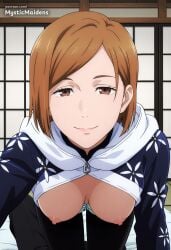 1boy ai_generated all_fours anime anime_style artist_name bra bra_pull breasts breasts_out brown_eyes brown_hair closed_mouth clothes_pull fake_art female hanging_breasts hentai hi_res hood indoors jacket jujutsu_kaisen jujutsu_kaisen_0 kugisaki_nobara large_breasts looking_at_viewer medium_breasts mystic_maidens nipples nobara_kugisaki pantyhose patreon patreon_username pov short_hair sliding_doors smile solo underwear