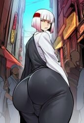 1boy 2d ai_generated alley ass ass_focus big_ass big_butt big_thighs blunt_bangs bob_cut bubble_butt bulge bulge_through_clothing bulge_under_clothes cyreneceo disgusted from_behind genderswap_(mtf) huge_ass huge_butt jujutsu_kaisen large_ass large_butt large_thighs looking_at_viewer looking_back male male_only multicolored_hair outdoors pants pantylines penis_bulge pink_hair red_hair rule_63 shirt short_hair solo_focus tattoo thick_ass thick_butt thick_thighs thighs two-tone_hair uraume white_hair white_shirt wide_hips