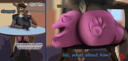 absurd_res anthro ass beverage big_breasts big_butt breasts bulge_on_ass chair clothed clothing coffee color_coded_text deer female flightlesslizard furniture hi_res kendra_(flightlesslizard) mammal natural_colors nipples_through_clothes no_bra on_chair sentient_fat sitting sitting_on_chair solo talking_to_another