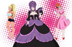 3girls big_breasts blonde_hair blue_eyes bubble_butt dlobo777 dress evil_smile high_heels large_breasts muscular_female oc ocs orange_hair original_character original_characters pale-skinned_female pale_skin pink_eyes purple_eyes purple_hair sexy stepford_wife stepfordization tan_body