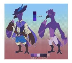 arm_brace armor avian balls bird cirano_sarli clothing eyeliner fan_character feathers genitals hat headgear headwear hi_res knife leather leather_armor makeup male male_only nintendo penis purple_body purple_eyes purple_feathers rammygoldfinch rito slim the_legend_of_zelda toned_body wounded