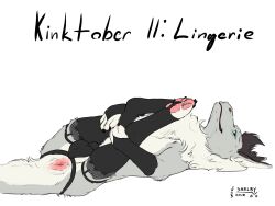 4:3 anus black_claws black_clothing black_hair black_legwear black_panties black_underwear blue_eyes claws clothed clothing crossdressing dragon feral fur furred_dragon furred_scalie grey_body grey_fur hair hi_res legwear lingerie_on_feral looking_at_viewer lying male male_feral mouth_closed mythological_creature mythological_scalie mythology on_back panties pawpads pink_anus pink_pawpads scalie simple_background sketchy_shelby solo surah_(fursurah) tail_anus underwear white_background white_body white_fur