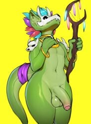 absurd_res anthro balls big_balls big_penis bone_mask bracelet femboy foreskin genitals green_body green_scales half-erect hi_res holding_object holding_staff humanoid_genitalia humanoid_penis jewelry lihzahrd lizard male mask maxartwolf penis reptile scales scalie simple_background solo staff standing terraria thick_thighs wide_hips witch_doctor_(terraria) yellow_background