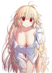 :o absurdres antenna_hair archetype_earth arcueid_brunestud aro_1801 artist_name bare_shoulders blonde_hair blush breasts buttons collarbone commentary_request female hair_between_eyes highres large_breasts long_hair long_sleeves looking_at_viewer naked_shirt off_shoulder red_eyes shirt simple_background single_hair_intake solo tsukihime very_long_hair white_background white_shirt