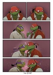 3_fingers absurd_res anthro blush bodily_fluids bottomwear brother_(lore) brothers_(lore) closed_eyes clothed clothing comic cum cum_string digital_media_(artwork) donatello donatello_(tmnt) duo eyewear fingers genital_fluids glasses hi_res holding_object incest incest_(lore) jacket kissing male male/male mask mishajeans raphael raphael_(tmnt) reptile romantic romantic_ambiance scalie shell shirt sibling_(lore) simple_background smile teenage_mutant_ninja_turtles teenage_mutant_ninja_turtles:_mutant_mayhem tongue tongue_out topwear turtle wearing_glasses