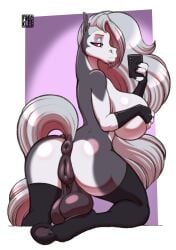 2026 alternate_species anthro anus artist_name ass backsack balls big_breasts big_butt breasts cellphone electronics equid equine fingers freckles_(artist) fth_crossgender fti_crossgender genitals geometric_background grey_hair grey_tail hair hair_over_eye hellaverse helluva_boss herm herm_anthro hi_res holding_cellphone holding_object holding_phone holding_smartphone hooves intersex intersex_anthro long_hair loona_(helluva_boss) mammal notched_ear phone red_sclera rule_63 saggy_balls simple_background smartphone solo tail text vulva white_eyes