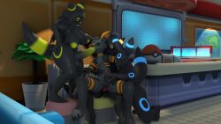 16:9 anal anal_sex anthro balls blender_(artwork) blender_eevee_(artwork) breasts clothing cropped_jacket digital_media_(artwork) eeveelution female foursome futanari generation_2_pokemon genitals glowing glowing_markings group group_sex gynomorph hand_on_head hand_on_hip handjob hi_res intersex intersex/female intersex/intersex intersex/male intersex_penetrated kneeling knot kyanto leg_warmers legwear male male_penetrated markings nintendo nipple_piercing nipples penetration penile piercing pokemon pokemon_(species) pokemon_center sex shiny_pokemon sitting_sex umbreon widescreen zero3_delta zero3delta