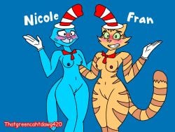 4:3 anthro areola bikini blush bow_tie breasts cartoon_network clothing dr_seuss duo embarrassed female female/female fran_(litterbox_comics) genitals gloves handwear hat headgear headwear hi_res litterbox_comics nicole_watterson nipples nude swimwear thatgreencahtdawg420 the_amazing_world_of_gumball the_cat_in_the_hat the_cat_in_the_hat_(character)_(cosplay) two-piece_swimsuit vulva